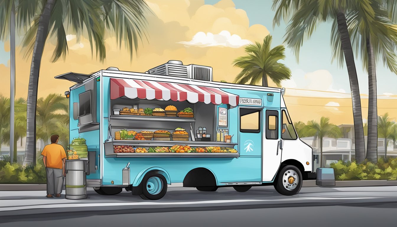 A food truck parked in Port St. Lucie, Florida, with visible health and safety standards signage displayed