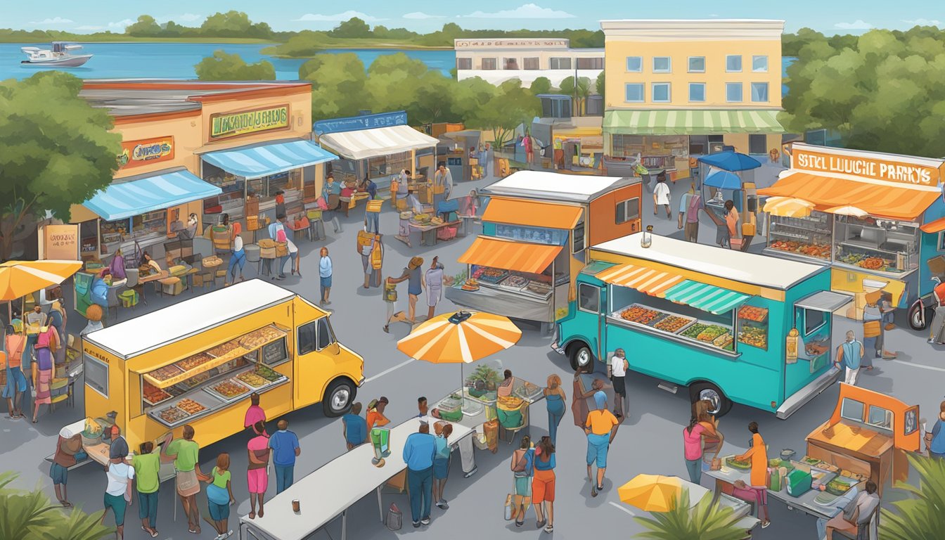 A bustling food truck park in Port St. Lucie, Florida, with colorful trucks, a diverse crowd, and signage displaying local food truck laws