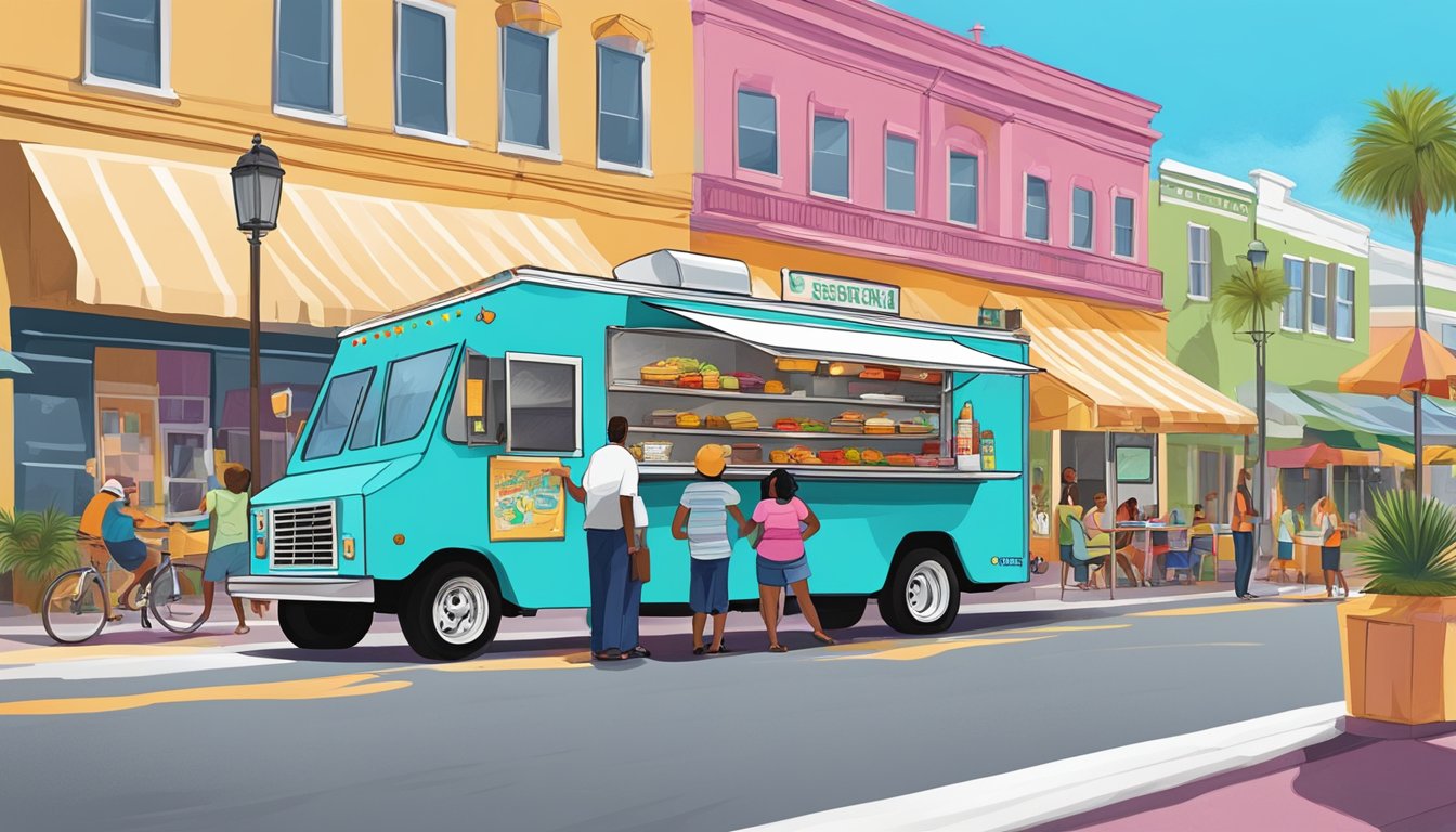 A food truck parked on a bustling street in Port St. Lucie, Florida, with customers lined up and colorful signage advertising various menu items