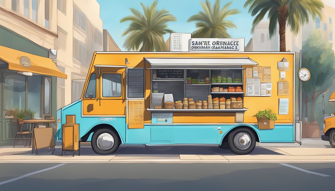 A food truck parked on a city street with a sign displaying local ordinances and regulations for Santa Ana, California