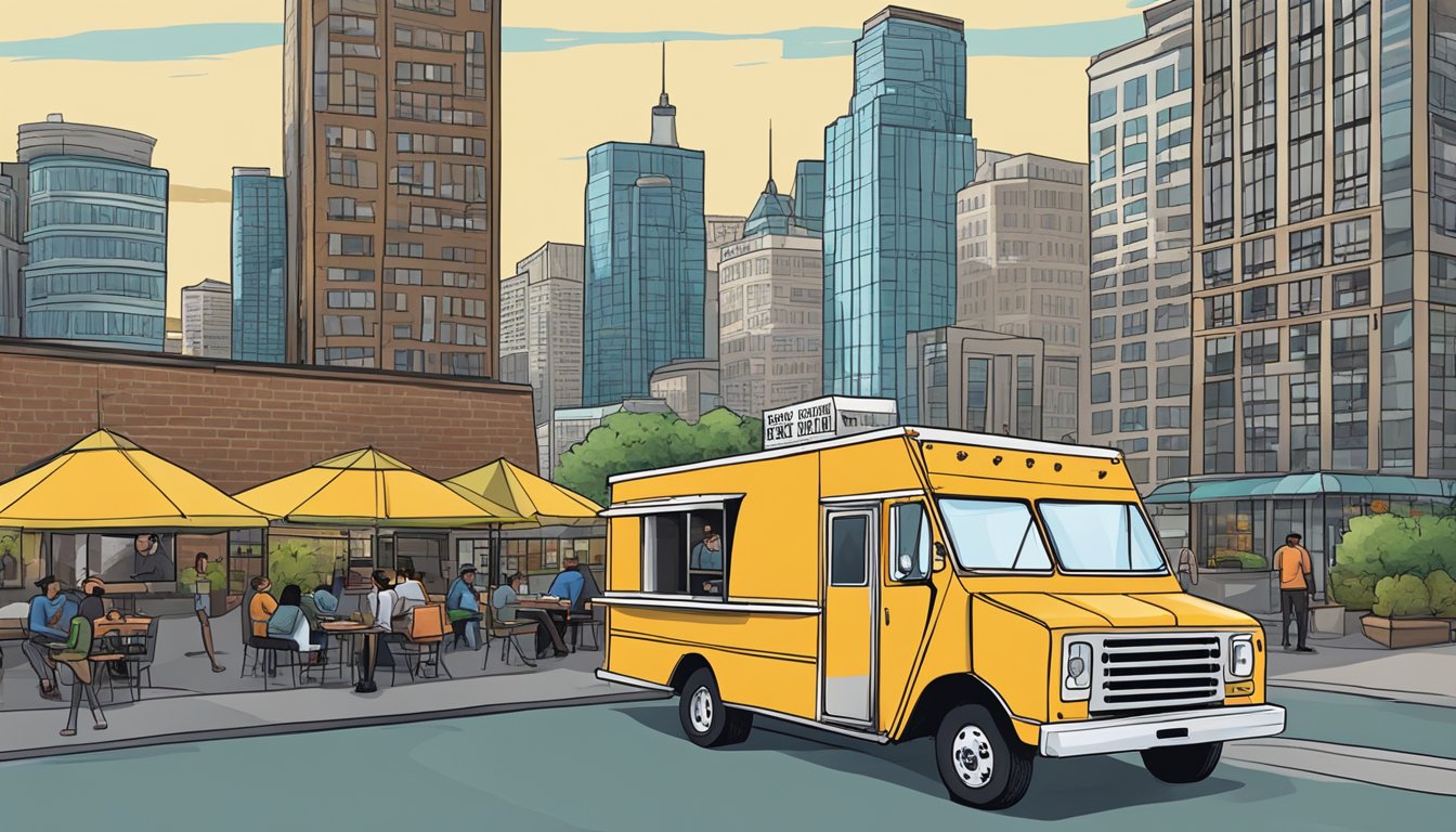 A food truck parked on a city street, surrounded by other trucks. A sign displays "Operational Requirements for Food Trucks" with the Indianapolis, Indiana skyline in the background