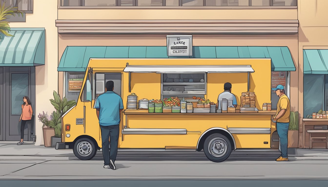 A food truck parked on a bustling street in Santa Ana, California, with a health inspector checking for compliance with food safety and public health laws