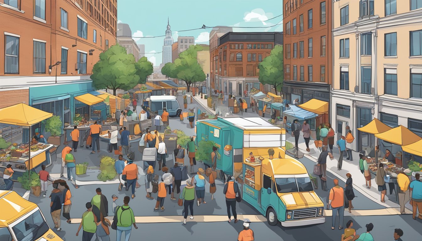 A bustling street with food trucks, city officials, and local vendors collaborating on new food truck laws in Indianapolis, Indiana