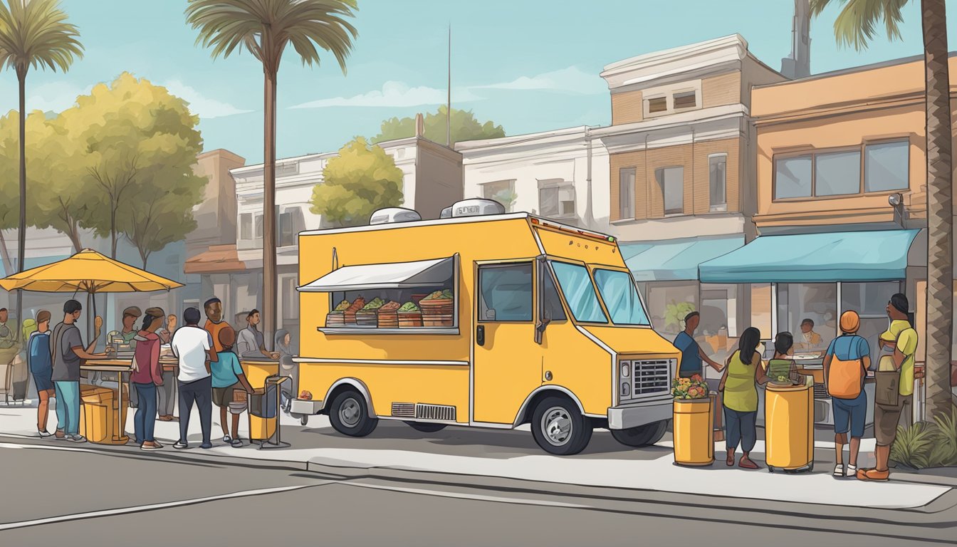 A food truck parked on a busy street in Santa Ana, California, with a line of customers waiting to order. The truck displays the required operational guidelines for food trucks