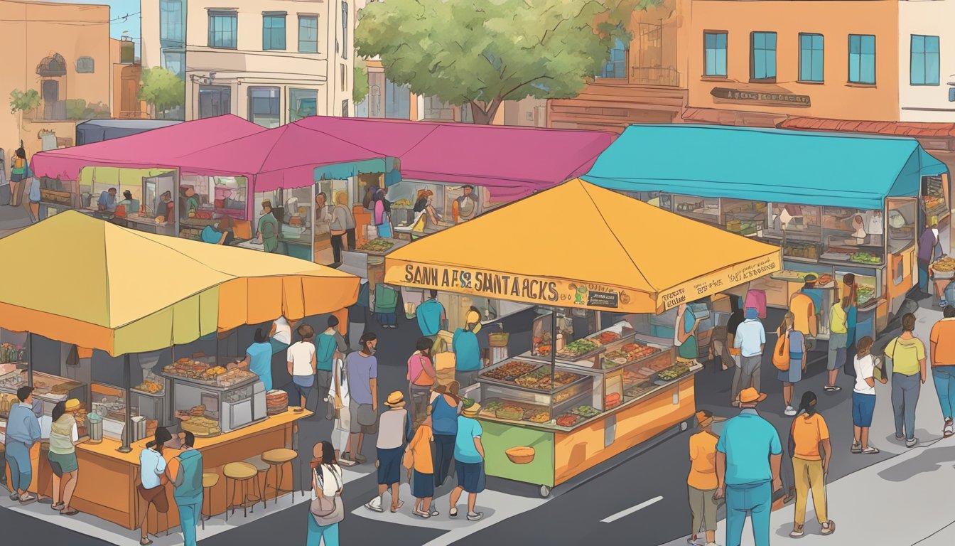 A bustling Santa Ana street lined with colorful food trucks, each with a unique menu, as customers eagerly line up to sample the diverse culinary offerings