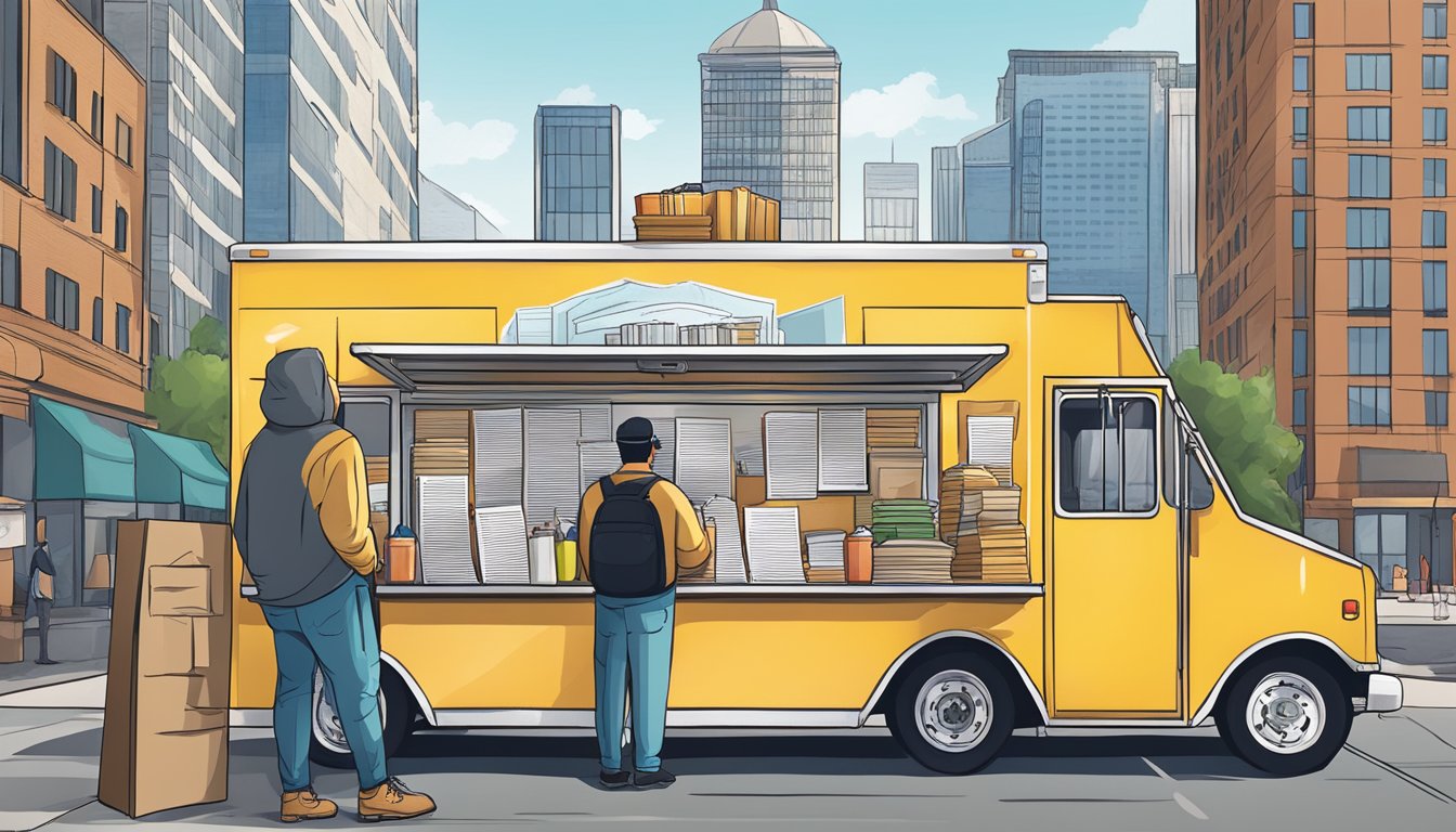 An employee stands outside a food truck, surrounded by legal documents and regulations, with the Indianapolis skyline in the background