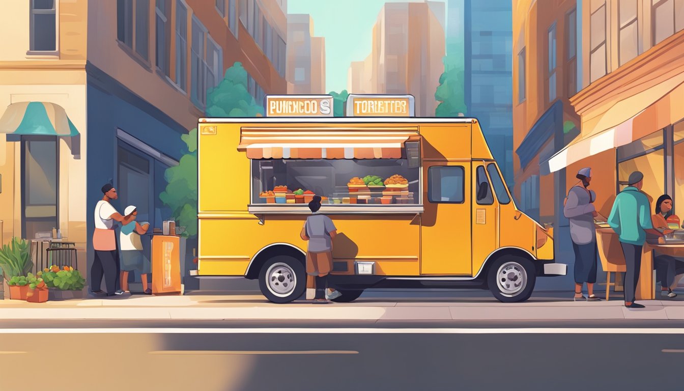 A food truck parked on a busy city street, with a line of customers waiting to order. The sun shines down on the colorful truck as the chef prepares fresh meals inside