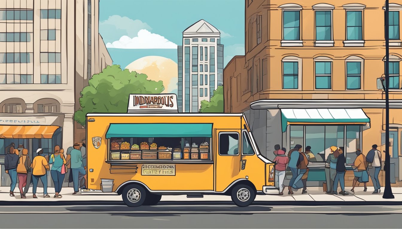 A food truck parked on a bustling street in Indianapolis, Indiana, with a line of customers waiting to order. Surrounding buildings and signs indicate city life