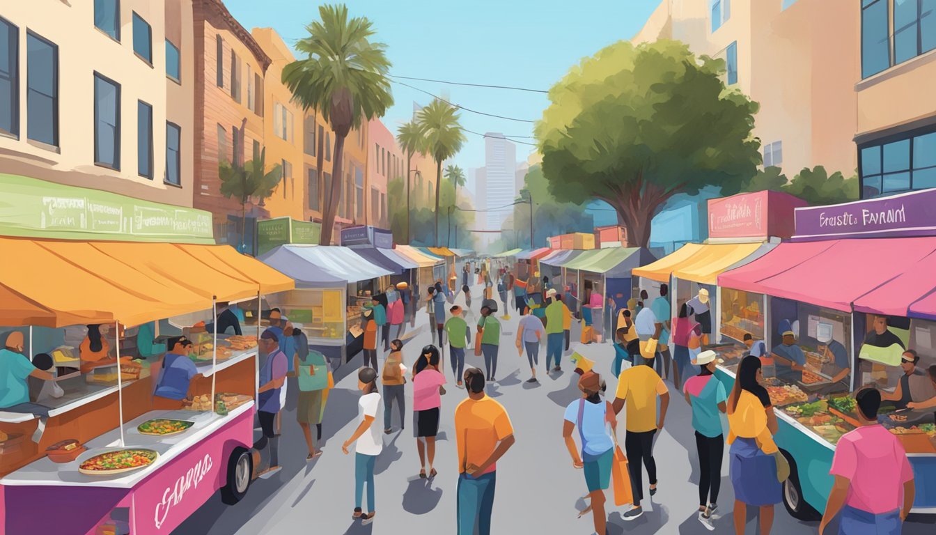 A bustling Santa Ana street lined with colorful food trucks and vendors, as entrepreneurs gather to discuss food truck laws and regulations in California