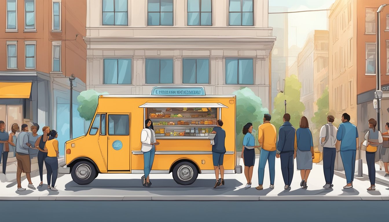 A food truck parked on a city street, surrounded by customers and city officials discussing laws and regulations