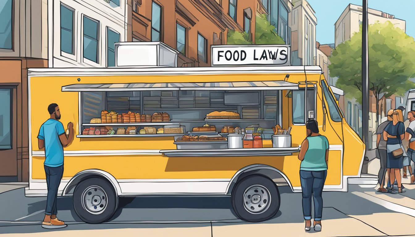 A food truck parked on a bustling city street, with a line of customers and a sign displaying "Food Truck Laws Oklahoma City, Oklahoma."