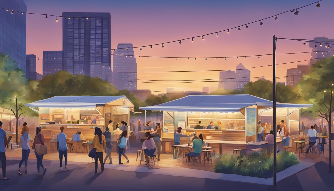 A bustling food truck park in Oklahoma City, with colorful trucks serving sustainable, locally-sourced dishes. Customers gather at picnic tables under string lights