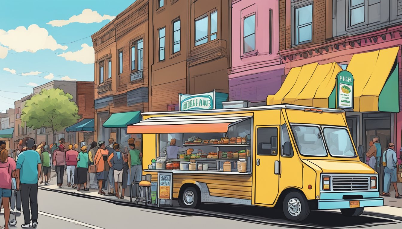 A food truck parked on a bustling Buffalo street, with a colorful sign displaying the menu and a line of customers waiting to order