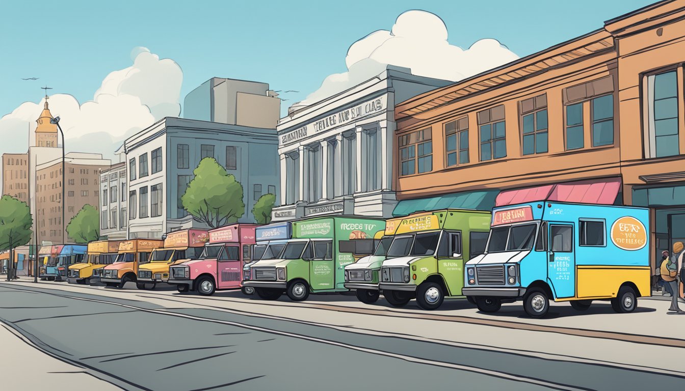 A line of food trucks parked along a city street, with a sign displaying Akron's food truck laws in the background