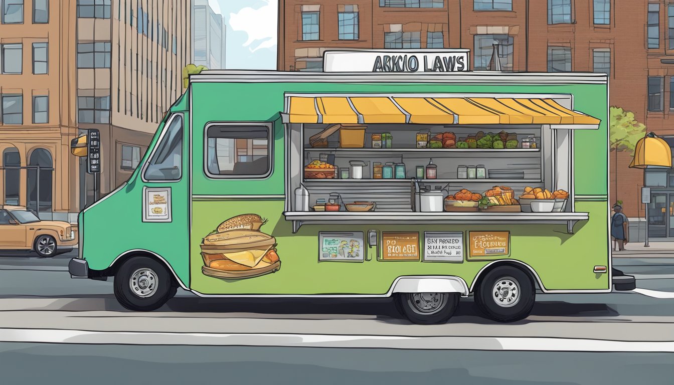 A food truck parked on a city street, surrounded by signage displaying Akron, Ohio food truck laws