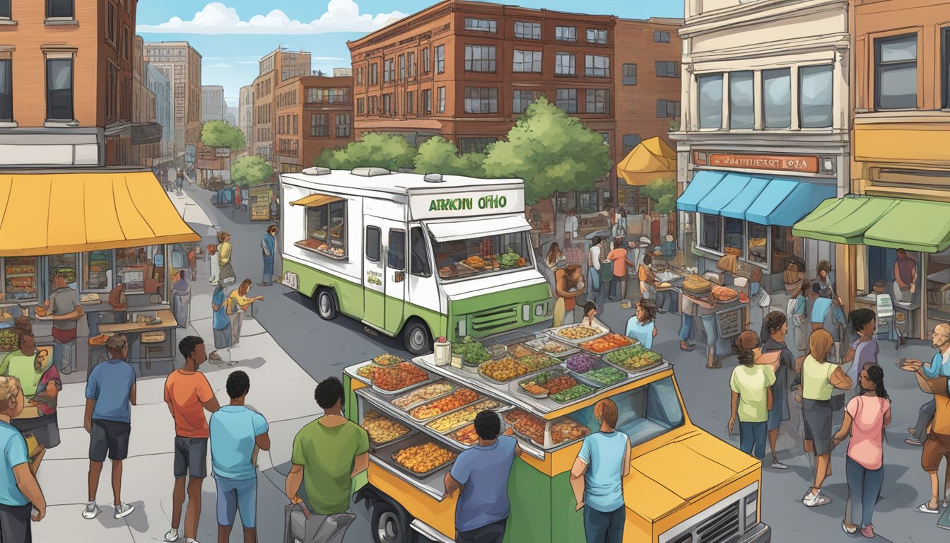 A food truck parked on a city street, surrounded by bustling businesses and a diverse crowd. A sign displays "Akron, Ohio Food Truck Laws" prominently