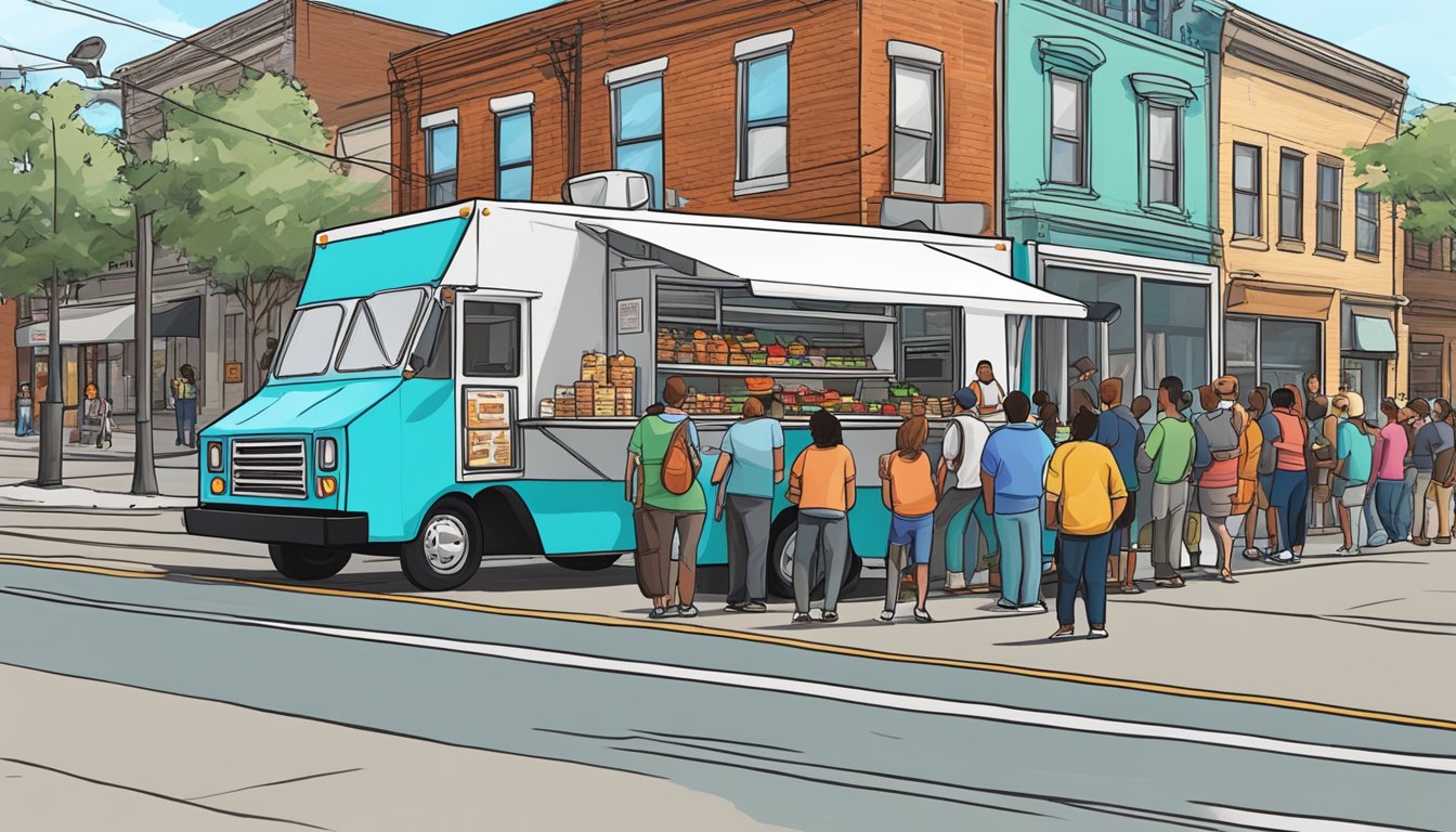 A food truck parked on a bustling street in Buffalo, New York, with a line of customers waiting to order. The truck displays all required permits and licenses on its exterior