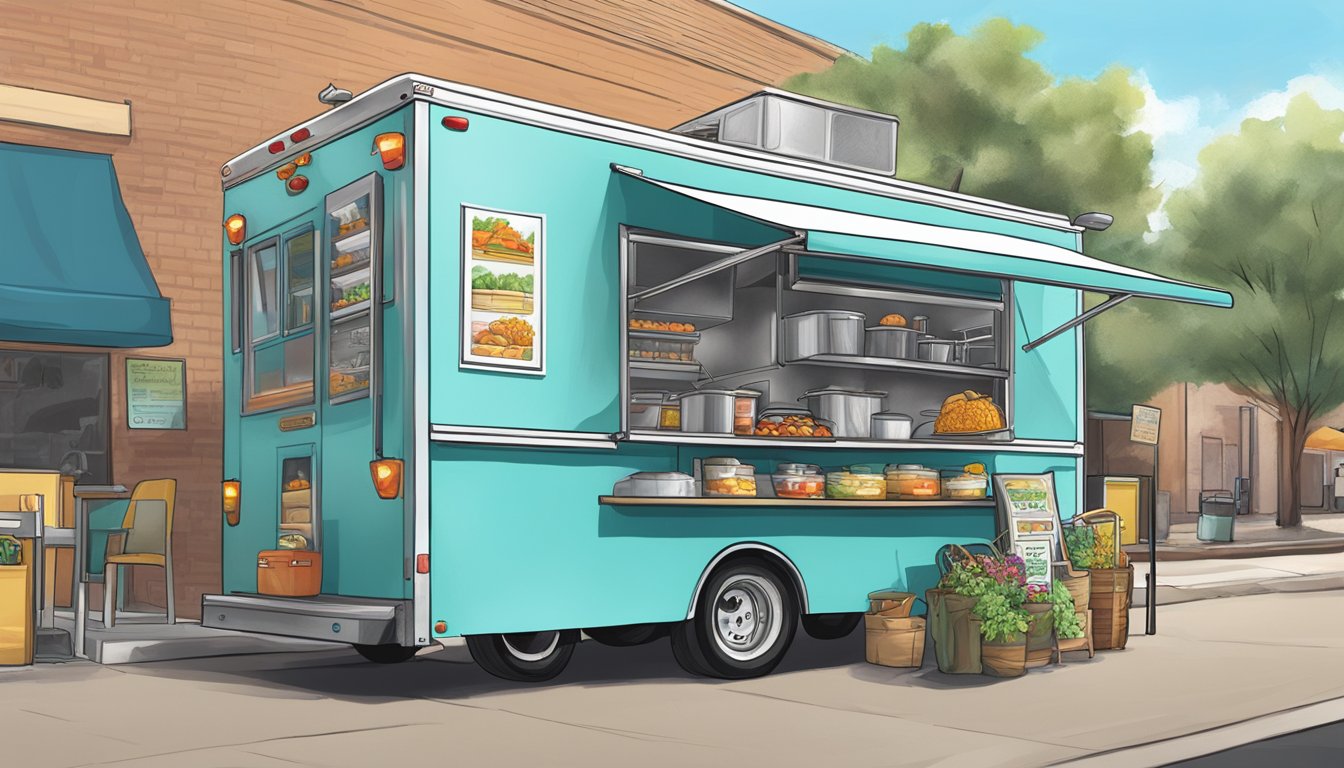 A food truck parked in Lubbock, Texas, with visible health, safety, and environmental regulation signs displayed