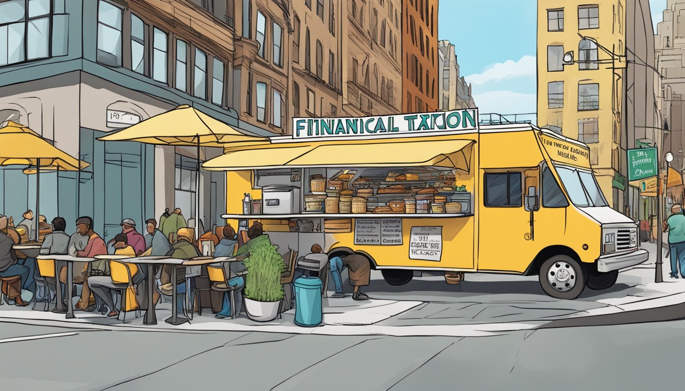 A food truck parked on a bustling Buffalo street, with a sign displaying "Financial Aspects and Taxation" laws for food vendors in New York