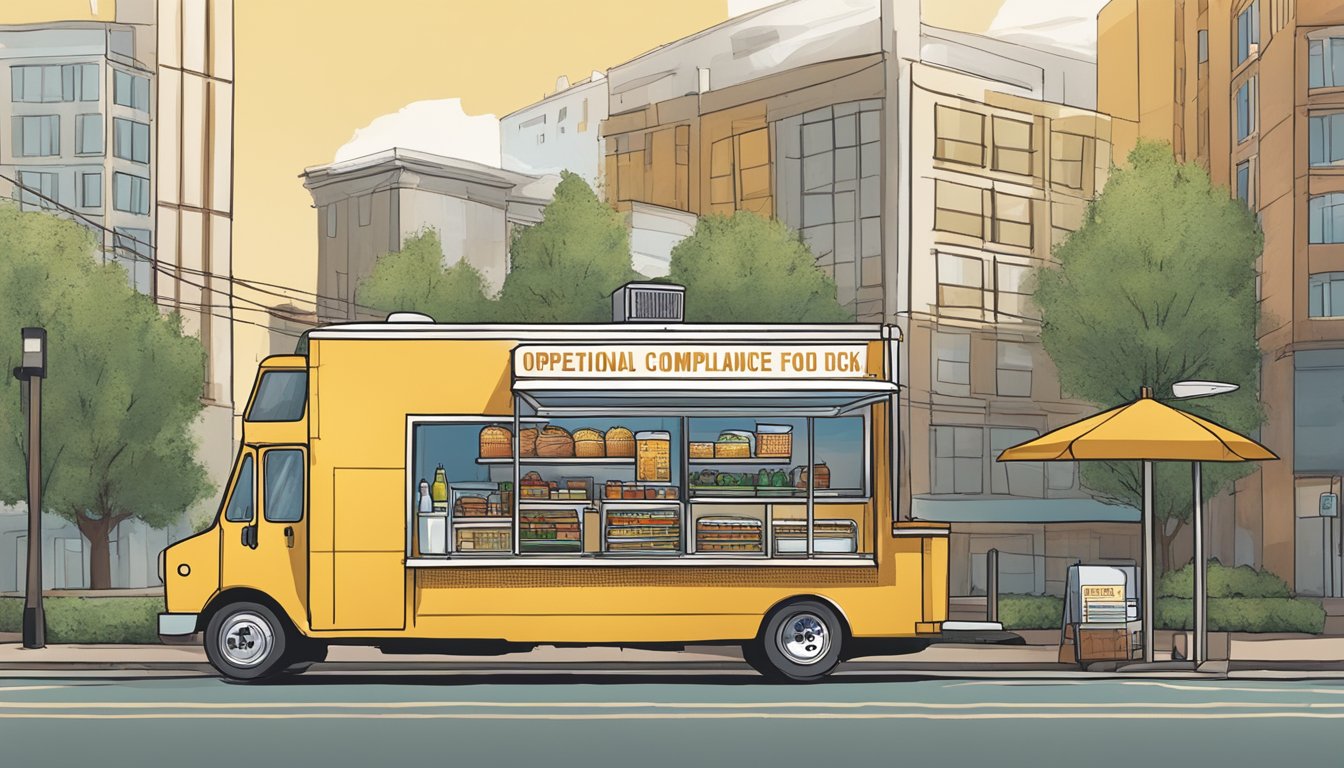 A food truck parked on a city street, with a sign displaying "Operational Compliance for Food Trucks" and a checklist of food truck laws specific to Lubbock, Texas