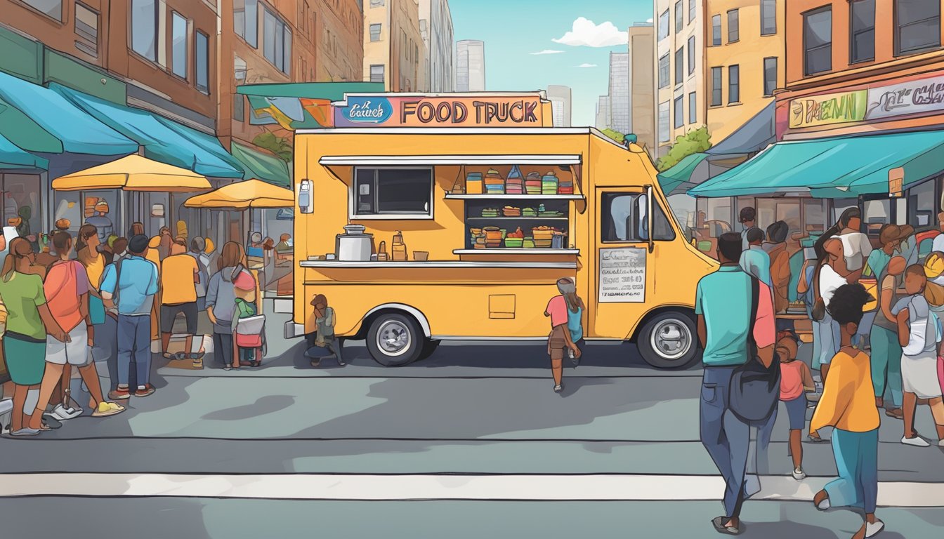 A food truck parked on a bustling Buffalo street, surrounded by eager customers and colorful signage, with the city skyline in the background