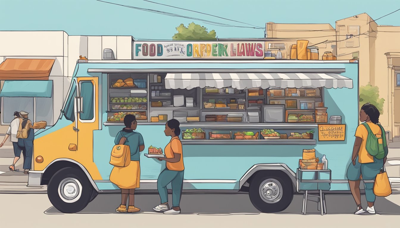 A food truck parked on a busy street in Lubbock, Texas, with a line of customers waiting to order, and a sign displaying support and resources for food truck laws