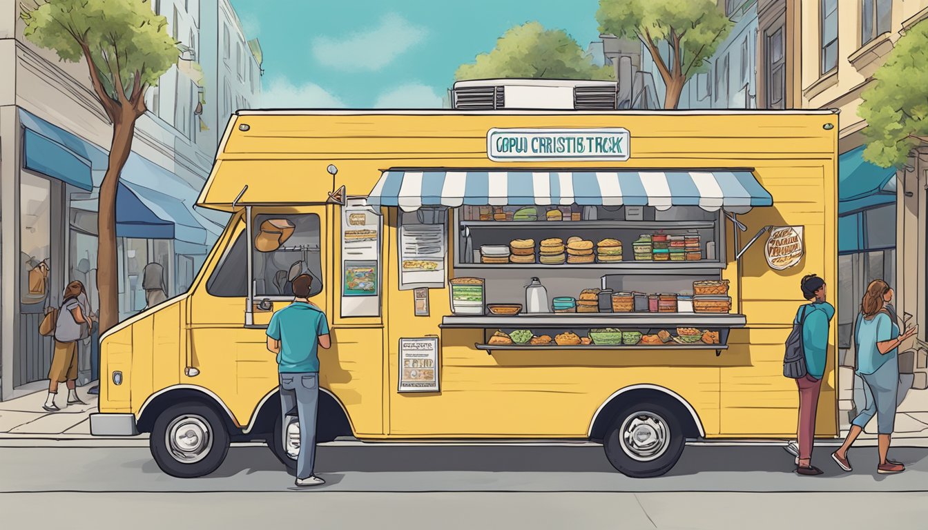 A food truck parked on a city street, with a sign displaying "Corpus Christi Food Truck Permit" and customers lined up to order