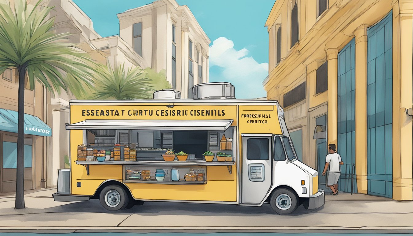 A food truck parked on a bustling street, with a sign displaying "Operational Essentials for Food Trucks" and a map of Corpus Christi, Texas