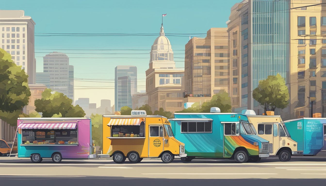 A row of colorful food trucks parked along a city street, with a sign displaying "Operational Guidelines for Food Trucks" and the San Jose, California cityscape in the background