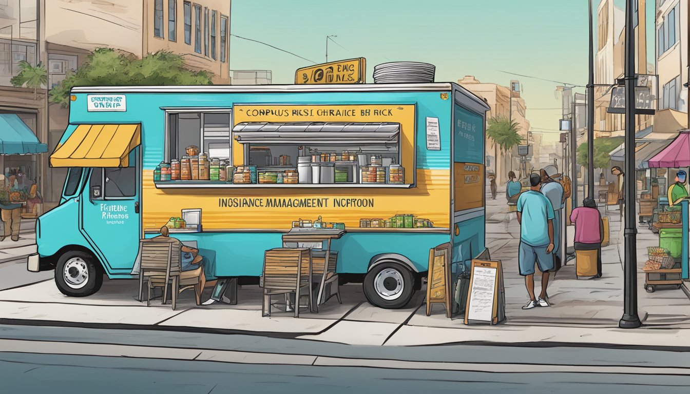 A food truck parked on a bustling street in Corpus Christi, Texas, with signage displaying insurance and risk management information