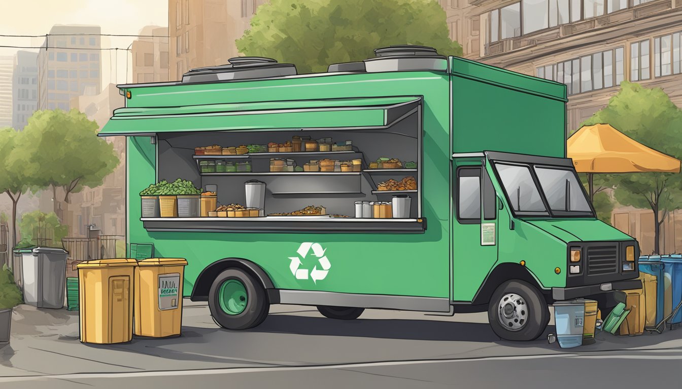 A food truck parked in a designated area, surrounded by recycling bins and composting stations. A sign displaying environmental regulations for food trucks is prominently displayed