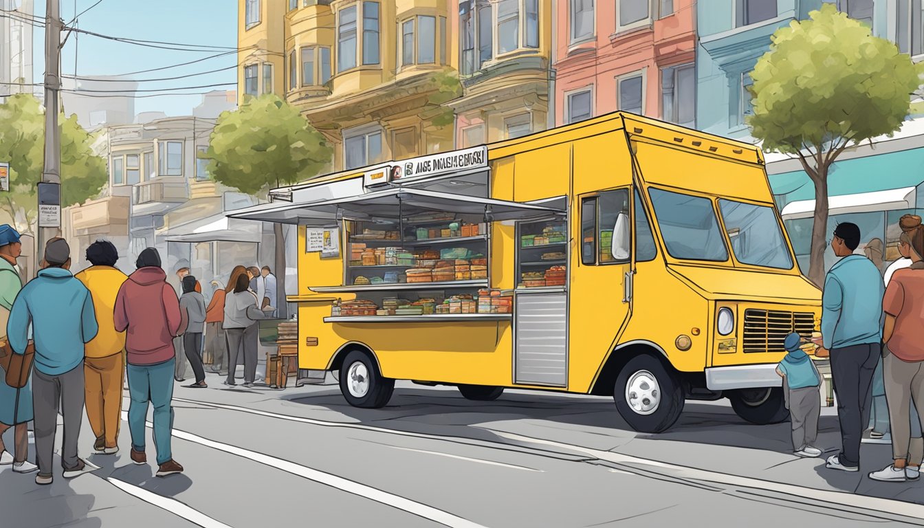 A food truck parked on a bustling San Francisco street, surrounded by other food vendors and customers. The truck displays a business license and adheres to local health and safety regulations