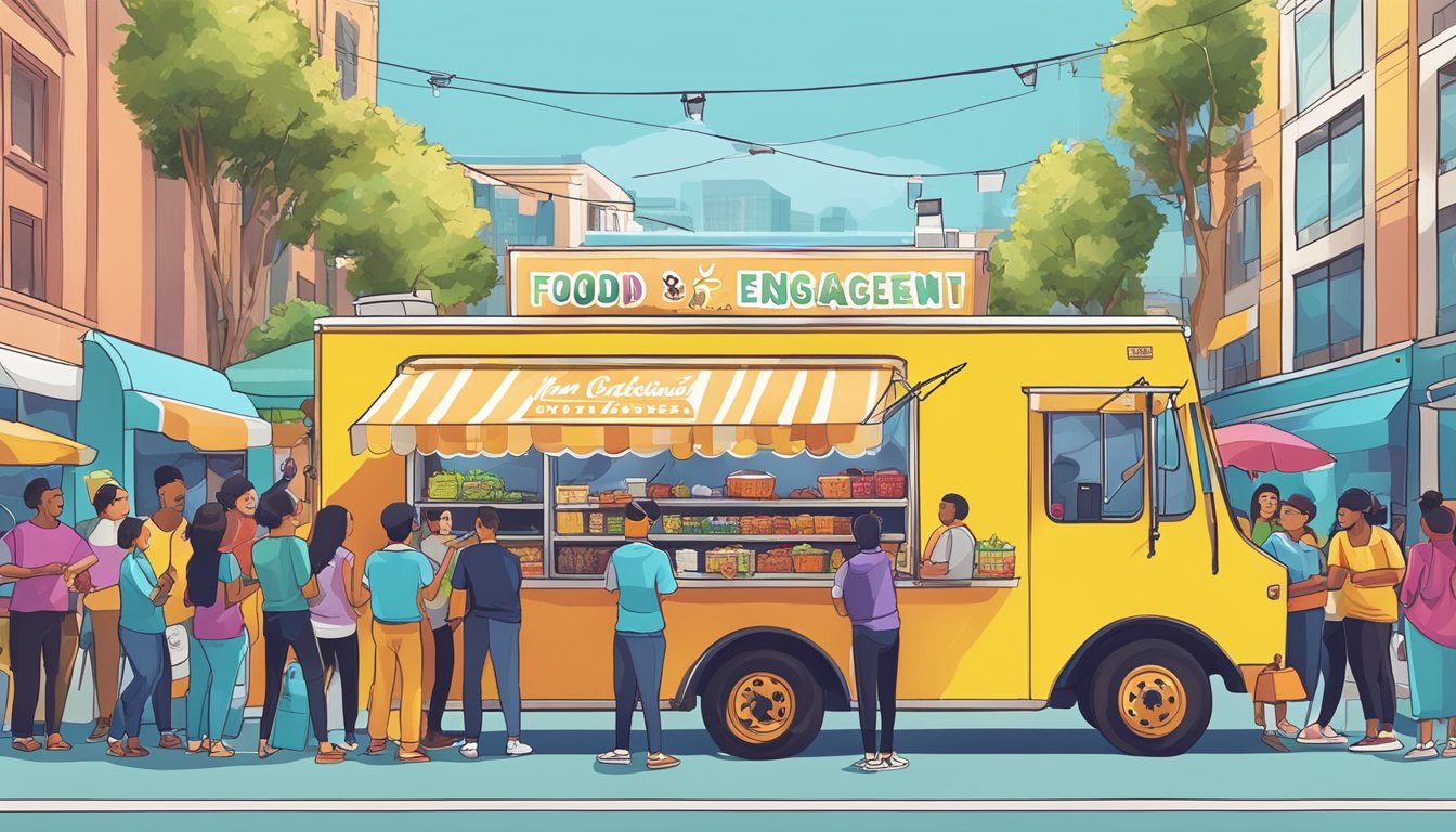 A vibrant food truck surrounded by eager customers in downtown San Jose, California, with colorful banners promoting marketing and customer engagement