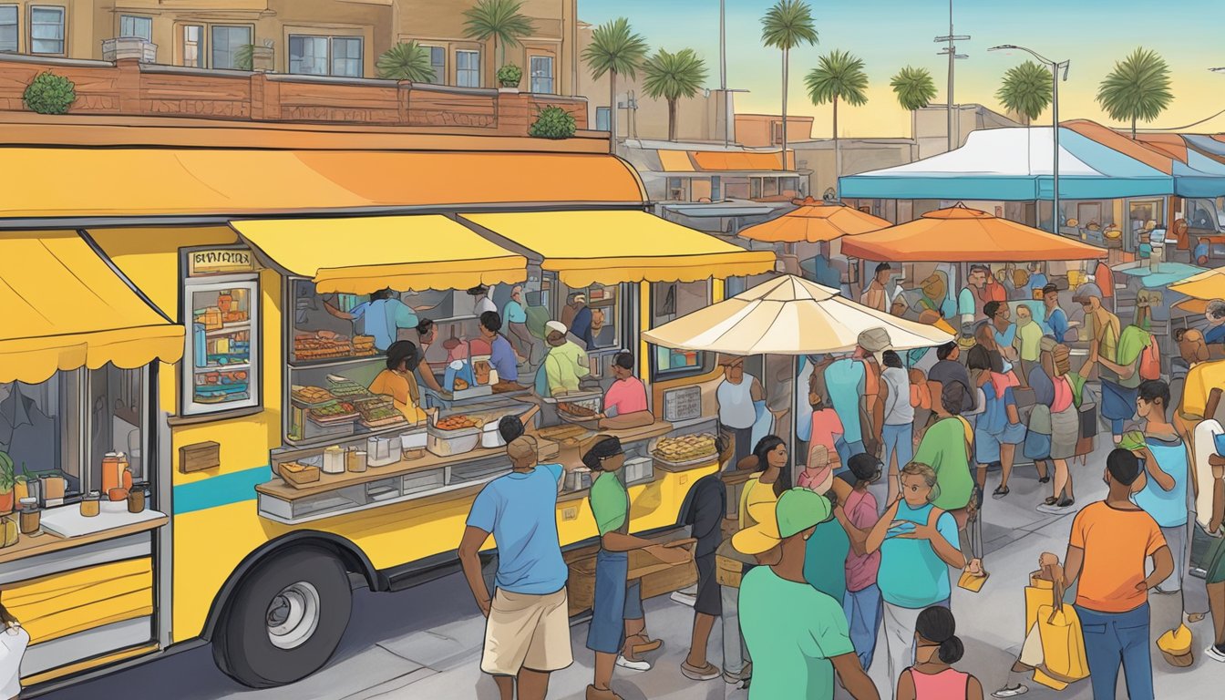 A bustling food truck scene in Corpus Christi, with colorful trucks, customers dining at outdoor tables, and a lively atmosphere