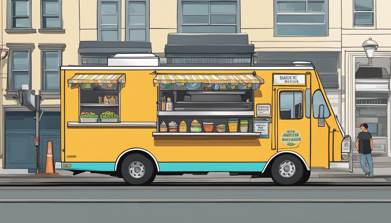 A food truck parked in San Francisco, California, displaying clear adherence to health and safety regulations