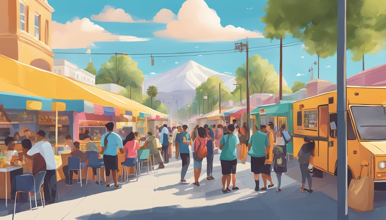 A bustling street lined with colorful food trucks, vendors chatting and exchanging business cards under the sunny San Jose sky