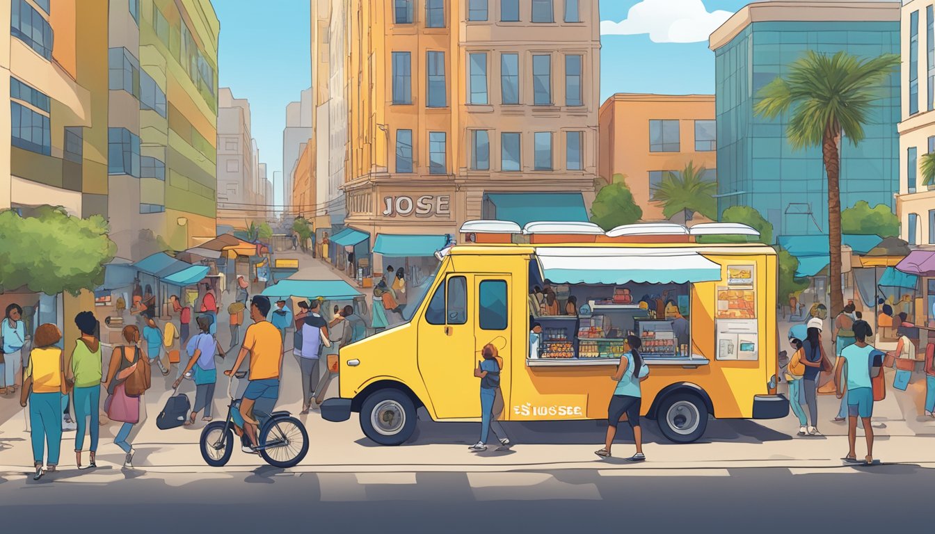 A bustling city street with a colorful food truck surrounded by people. A sign displays "San Jose, California" in the background