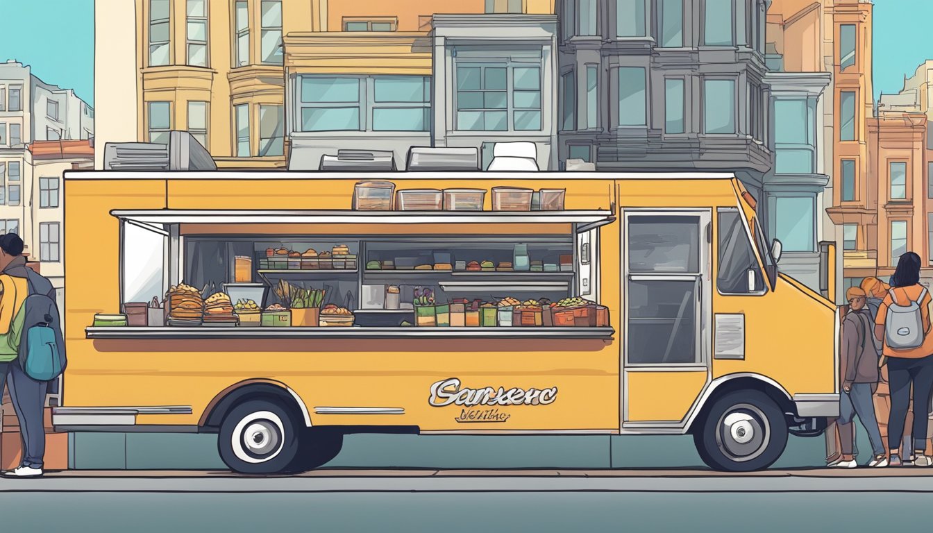 A food truck parked on a busy street in San Francisco, with the city skyline in the background and a line of customers waiting to order