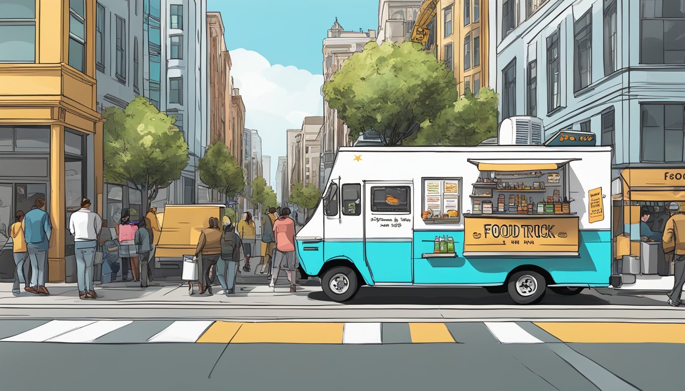 A food truck parked on a bustling San Francisco street, with a sign displaying California food truck laws prominently