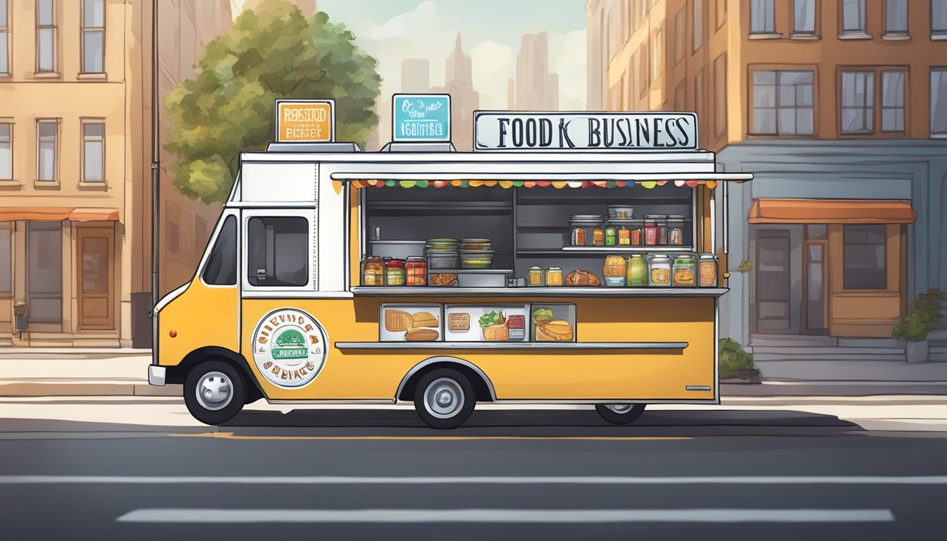 A food truck parked on a city street, with a sign displaying "Food Truck Business Registered" and a license sticker visible in the window