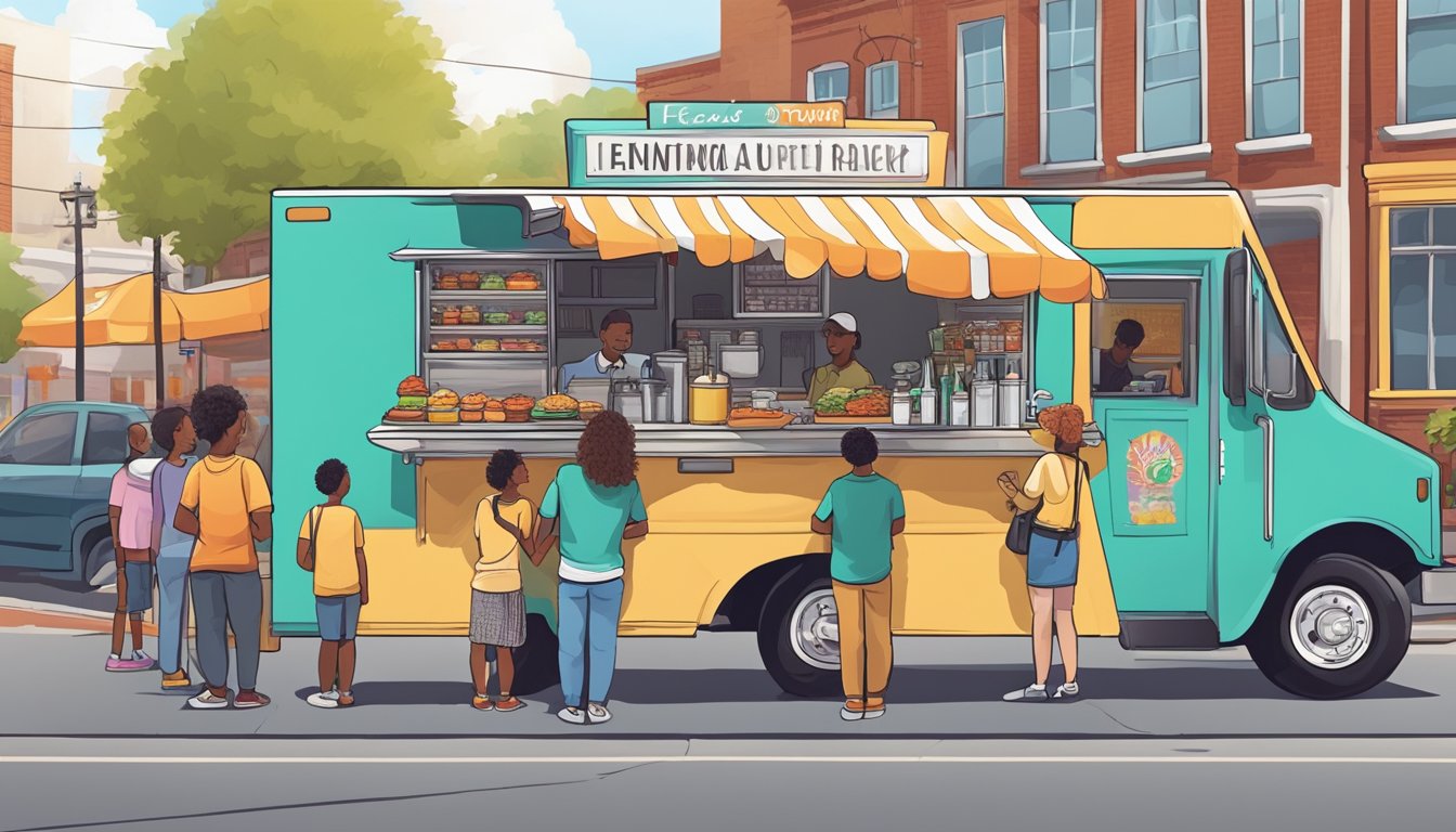 A food truck parked on a bustling street in Birmingham, Alabama, with a line of customers waiting to order. The truck is adorned with colorful signage and a menu board