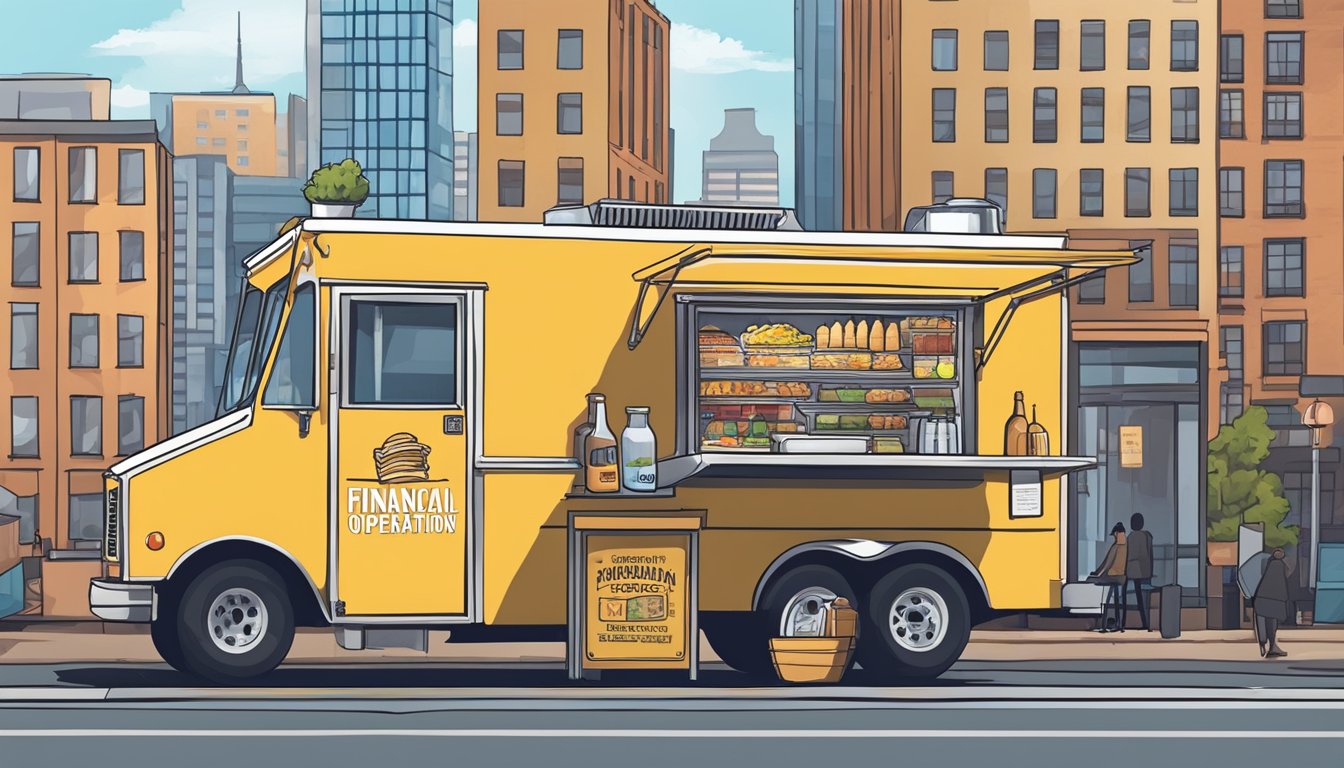 A food truck parked on a busy street in Tennessee, with a city skyline in the background. A sign on the truck displays the financial regulations for food truck operations