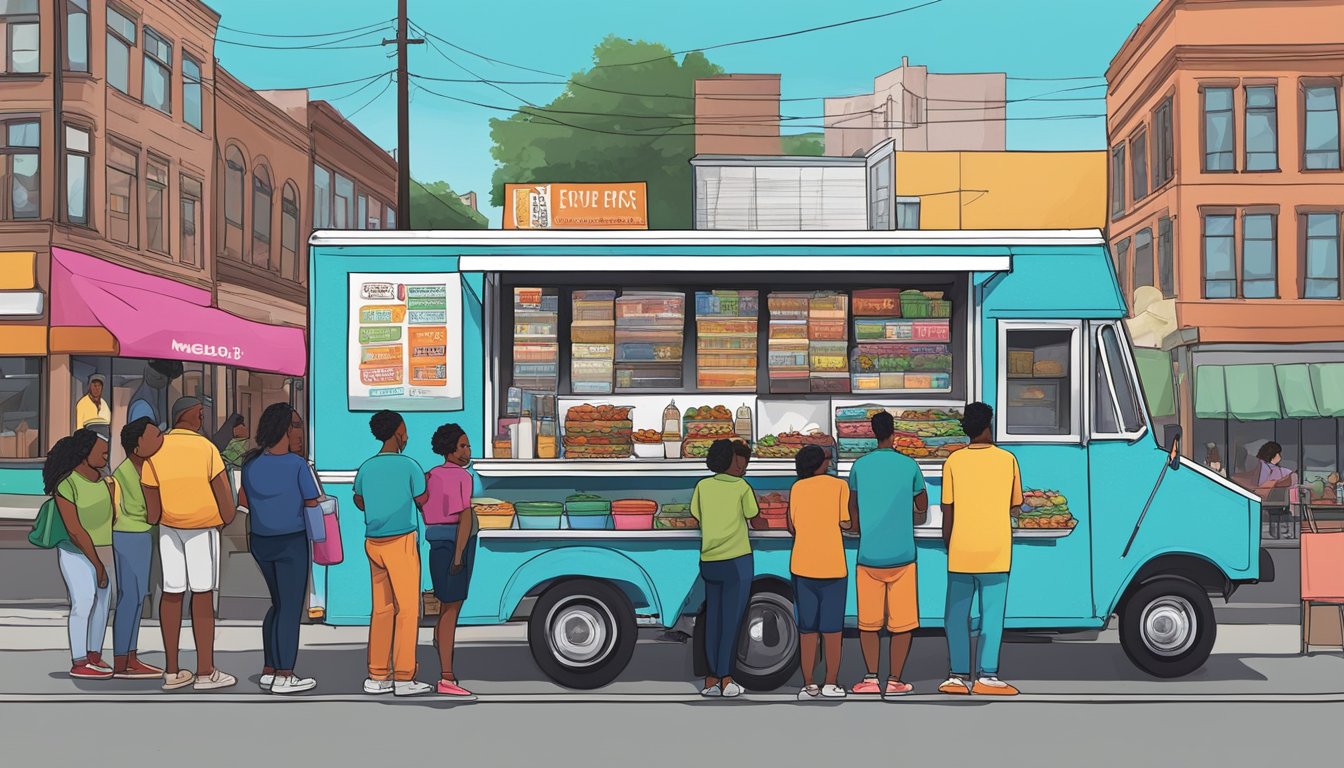 A food truck parked on a bustling street in Birmingham, Alabama, with a line of customers waiting to order. The truck is adorned with colorful signage displaying menu items and prices