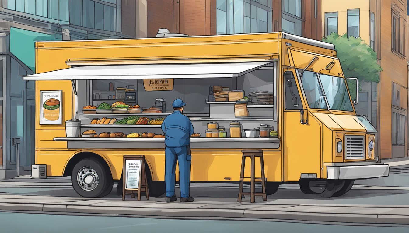 A food truck parked on a city street, with a city inspector checking the truck's safety regulations and compliance with food laws in Columbus, Ohio