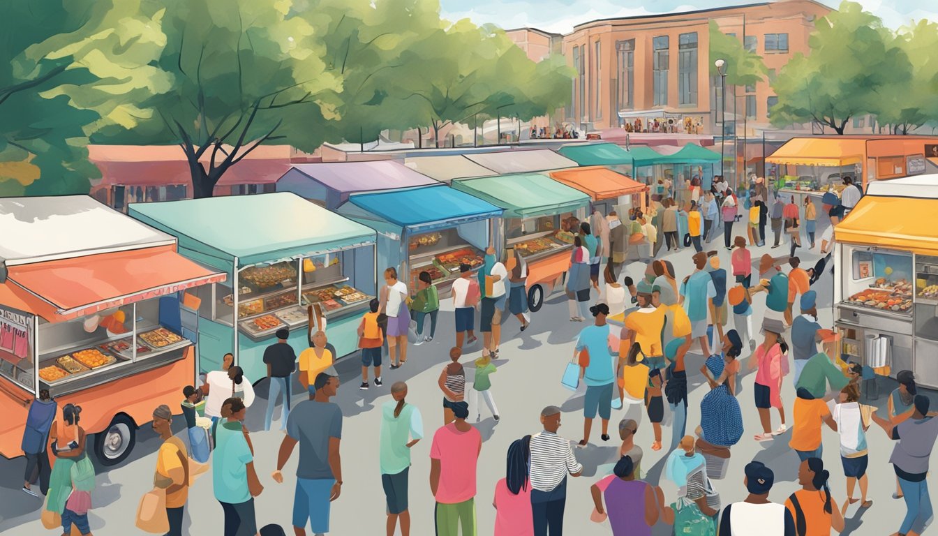 A bustling food truck festival in Birmingham, Alabama, with vendors showcasing diverse cuisines and crowds gathered to sample and enjoy the offerings