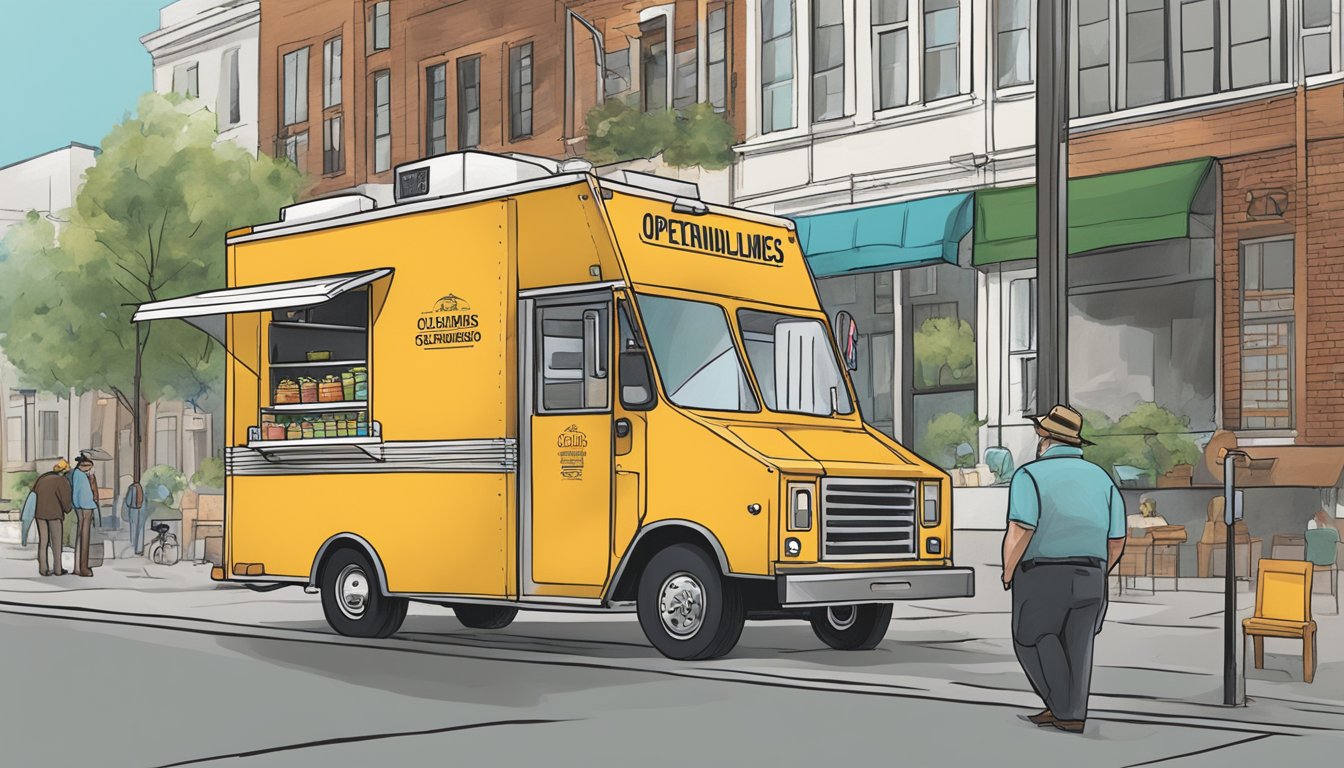 A food truck parked on a city street, with a sign displaying "Operational Guidelines" and a map of Columbus, Ohio. A city official is inspecting the truck