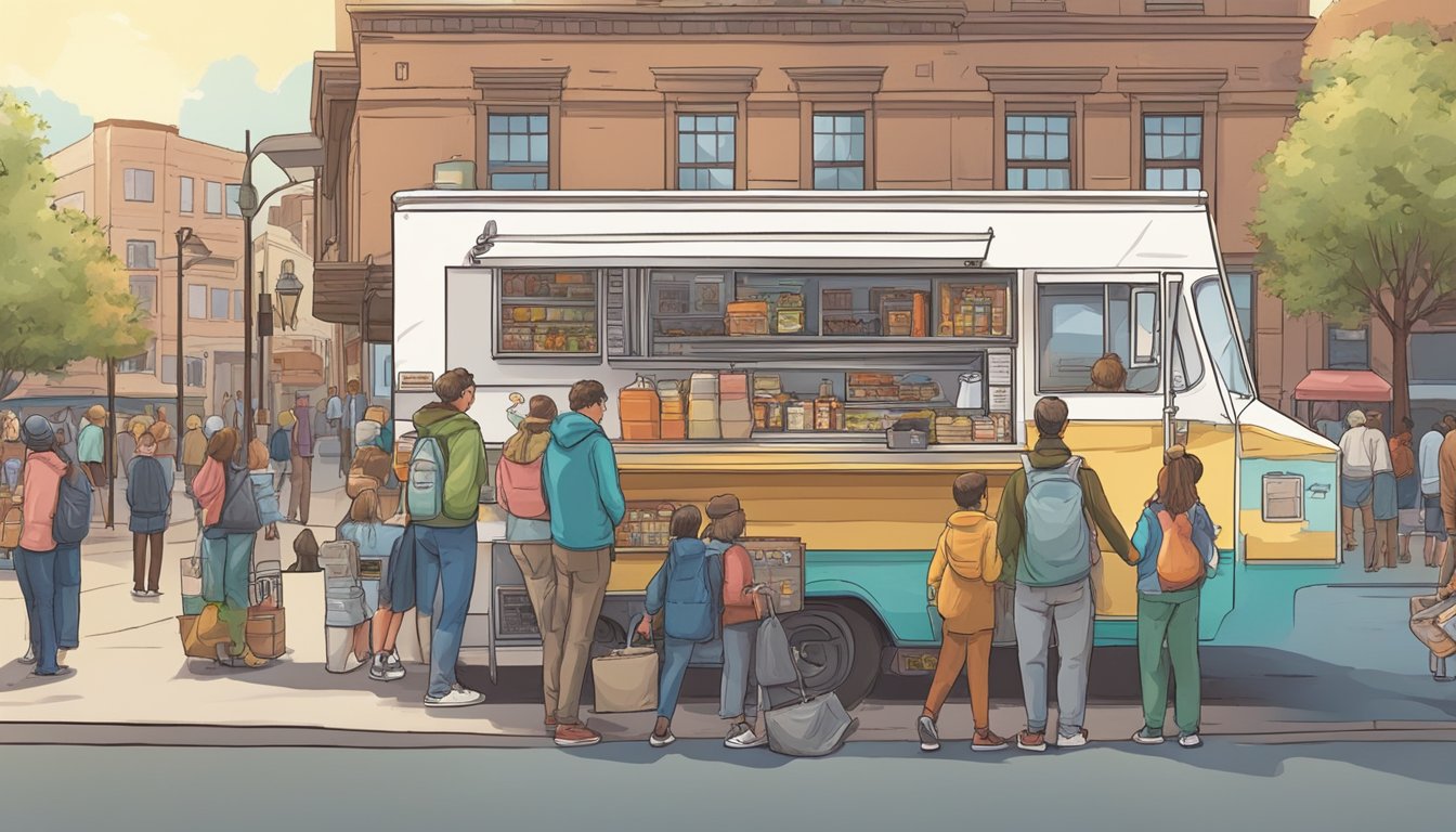 A food truck parked in a bustling South Dakota city, surrounded by a mix of eager customers and city officials discussing regulations