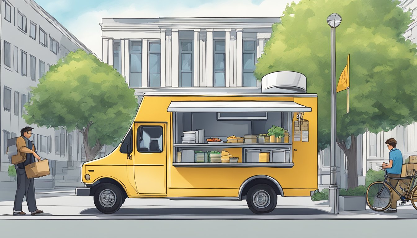 A food truck parked outside a government office, with a person handing over paperwork to an official behind a desk