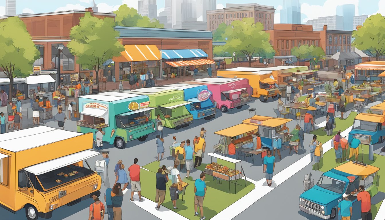 A bustling food truck park in Columbus, Ohio, with colorful trucks lining the street, a diverse crowd enjoying various cuisines, and signage displaying local food truck laws and regulations