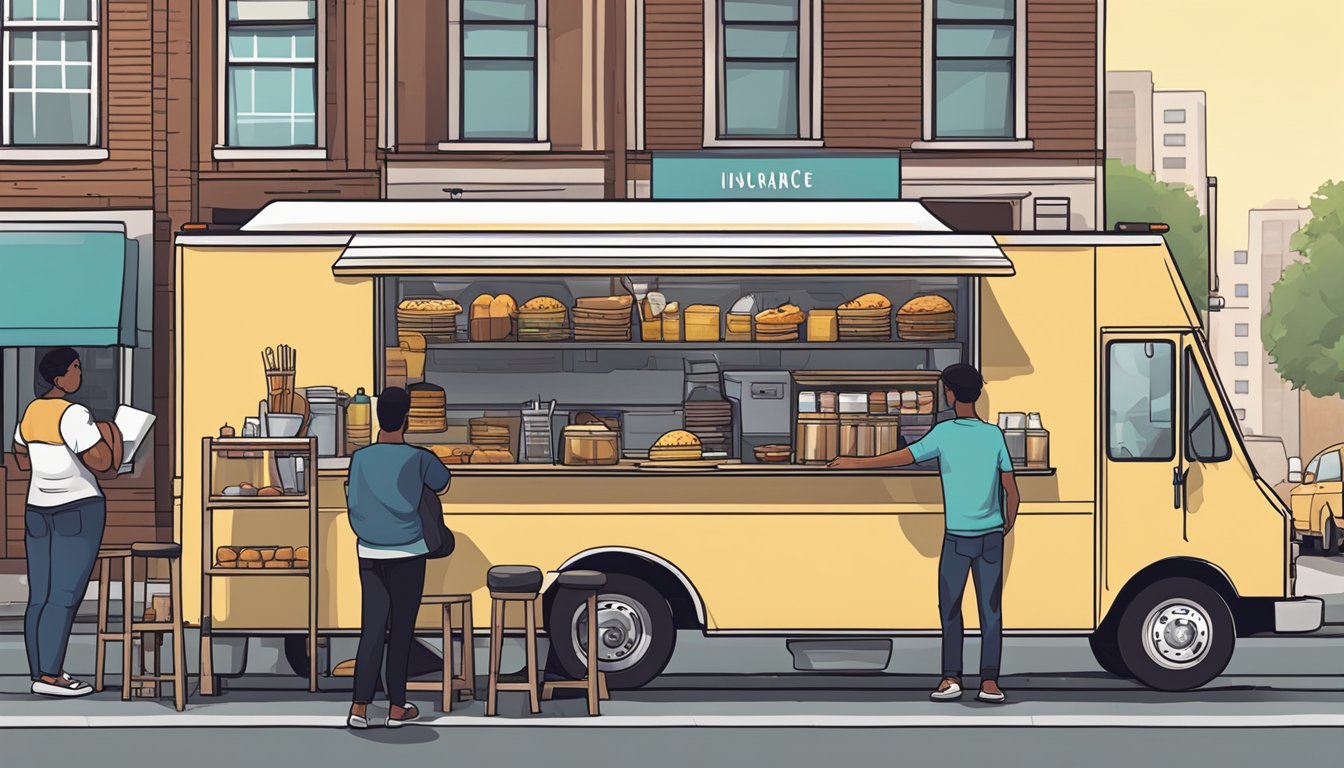 A food truck parked on a city street, with a line of customers waiting to order. A sign on the truck displays insurance and liability information